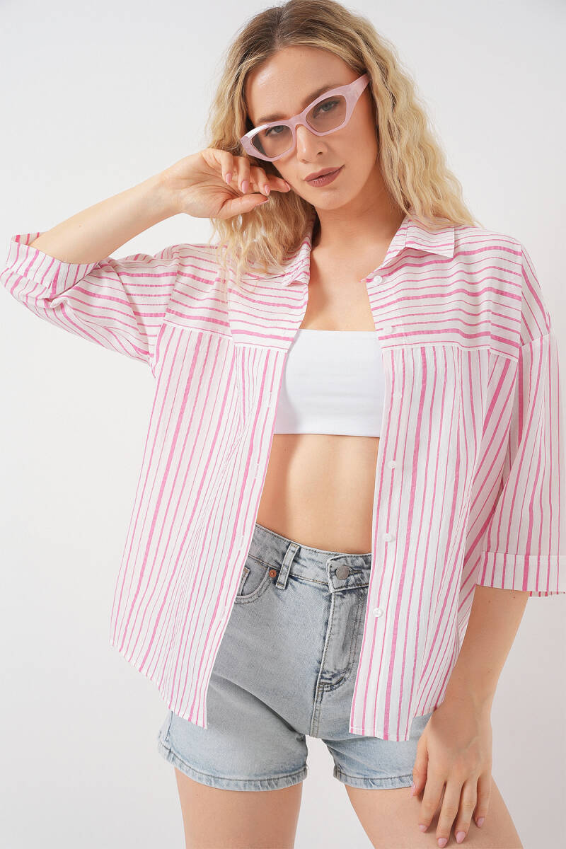 Kadın Çizgili Kısa Kol Gömlek 20344 - Pudra - BİGDART