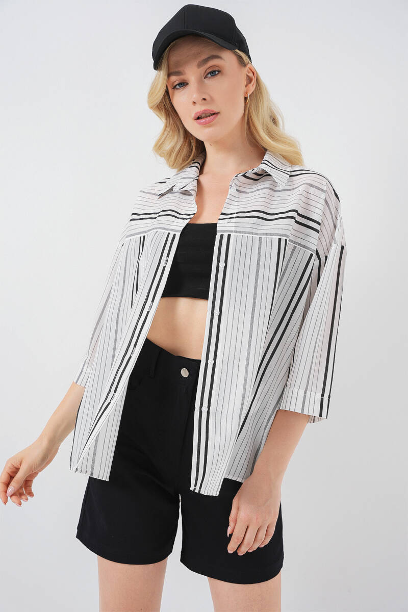 Kadın Çizgili Kısa Kol Gömlek 20344 - Siyah - Taş - BİGDART
