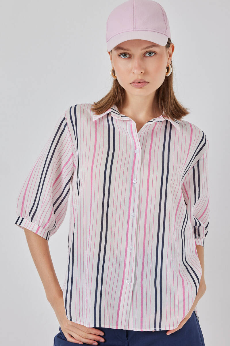 Kadın Çizgili Kısa Kol Gömlek 20345 - Pembe - BİGDART