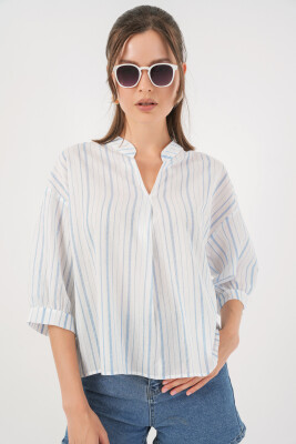 Kadın Çizgili Oversize Bluz 967 - A.Mavi 