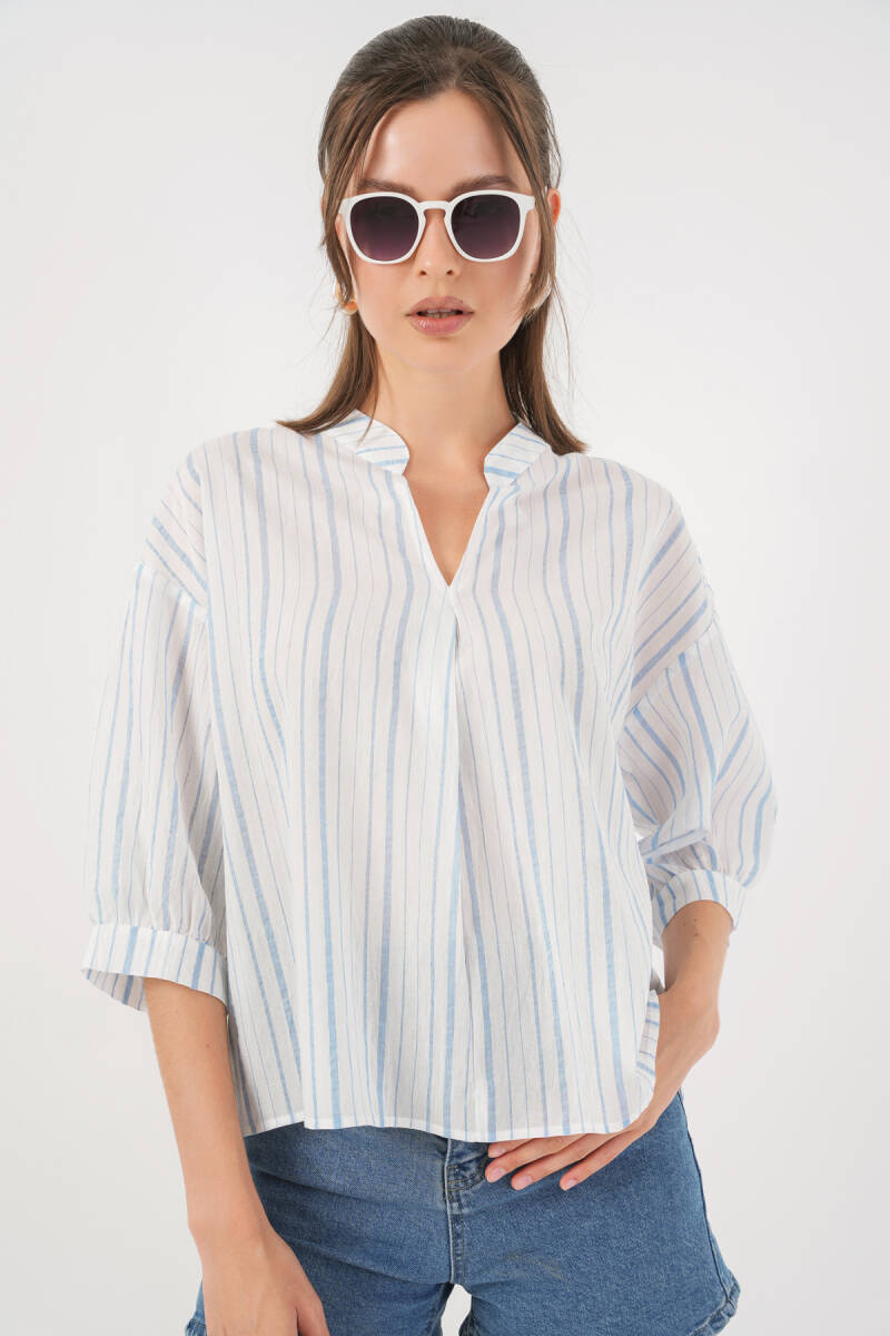 Kadın Çizgili Oversize Bluz 967 - A.Mavi - BİGDART