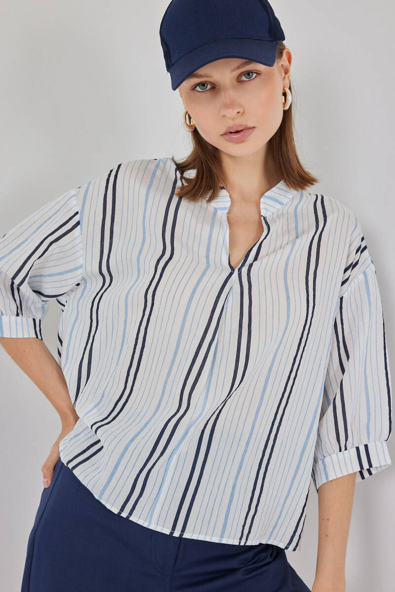 Kadın Çizgili Oversize Bluz 967 - Açık Mavi - BİGDART