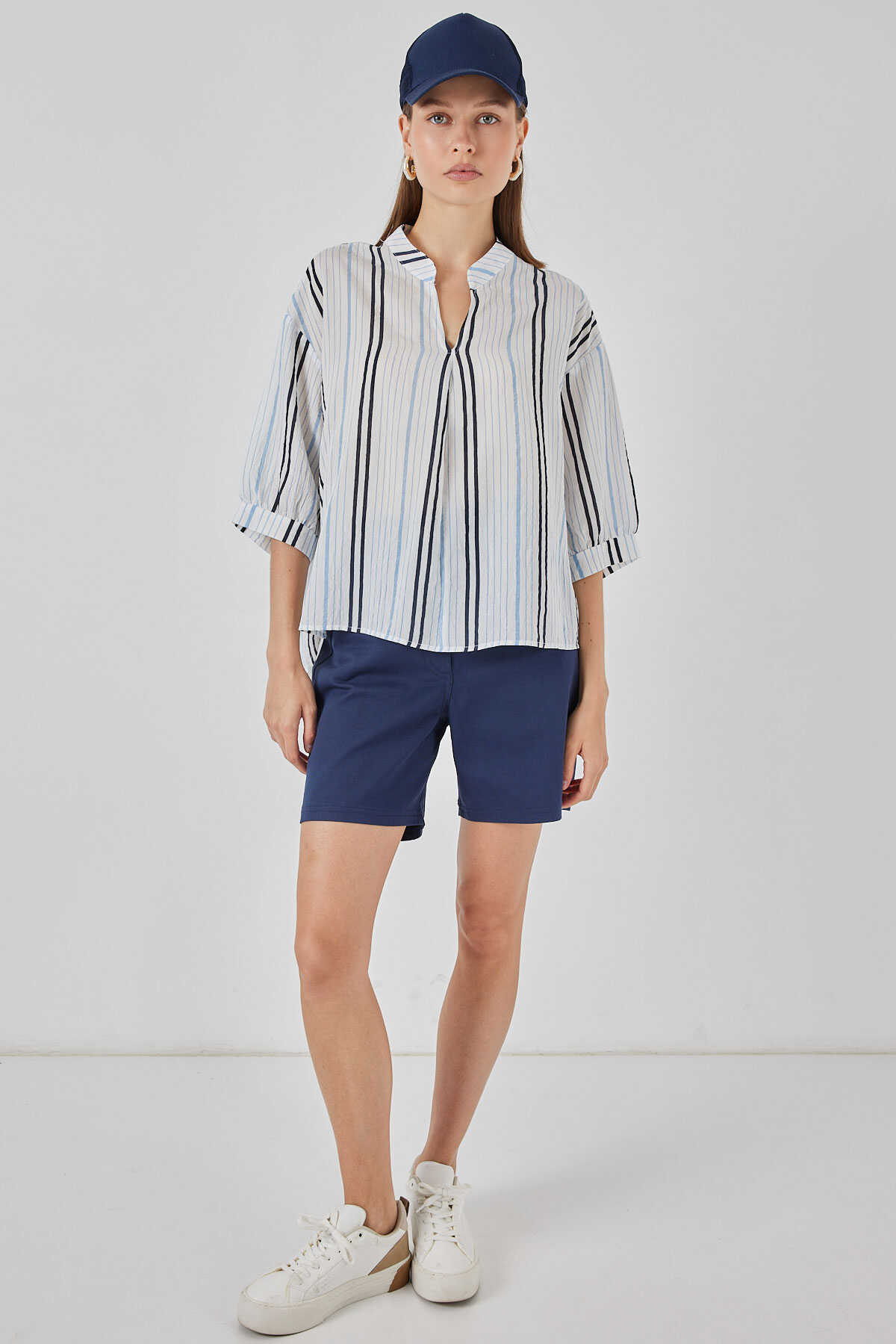 Kadın Çizgili Oversize Bluz 967 - Açık Mavi - 2
