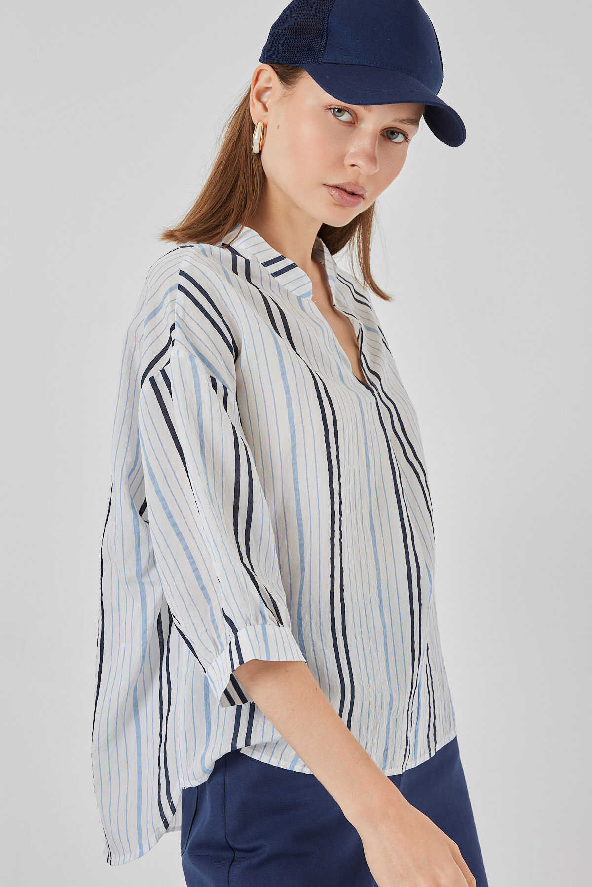 Kadın Çizgili Oversize Bluz 967 - Açık Mavi - 3