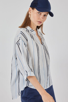 Kadın Çizgili Oversize Bluz 967 - Açık Mavi - 3