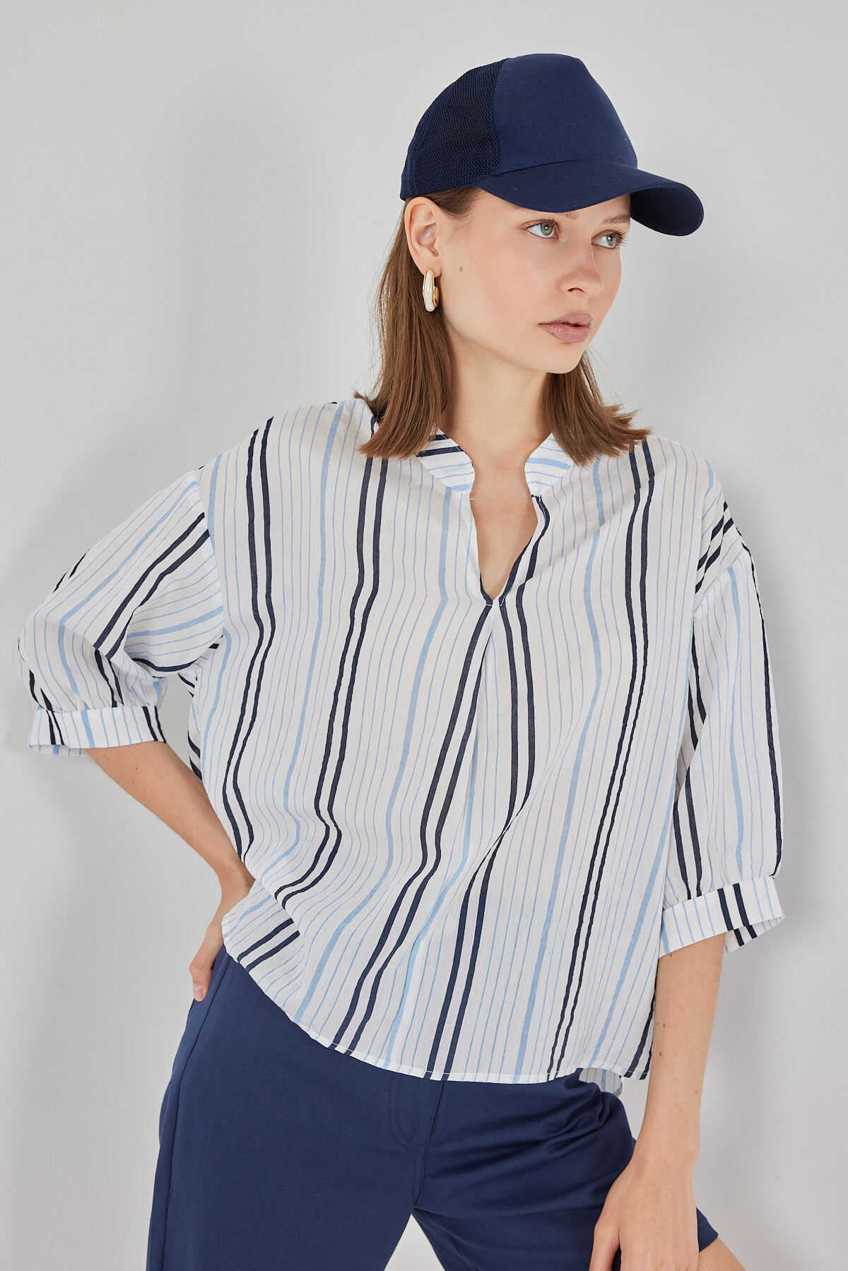 Kadın Çizgili Oversize Bluz 967 - Açık Mavi - 4