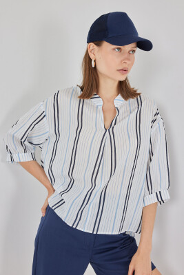 Kadın Çizgili Oversize Bluz 967 - Açık Mavi - 4