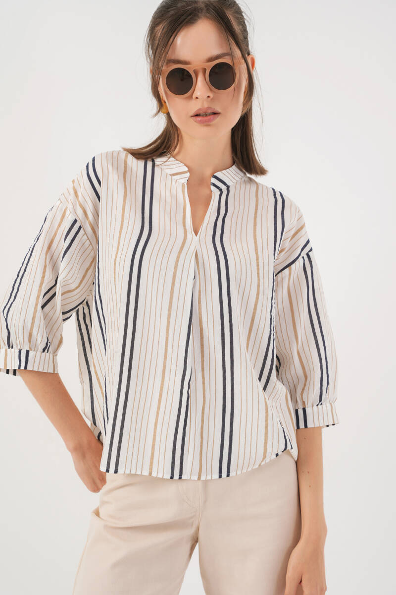 Kadın Çizgili Oversize Bluz 967 - Bej - BİGDART