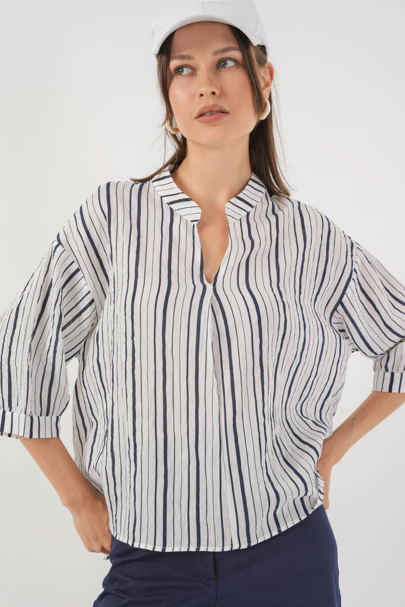 Kadın Çizgili Oversize Bluz 967 - F.Lacivert - BİGDART