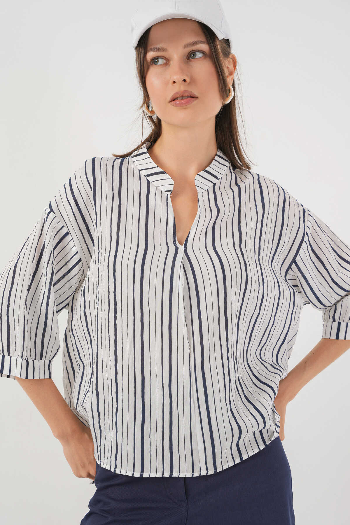 Kadın Çizgili Oversize Bluz 967 - F.Lacivert - 1
