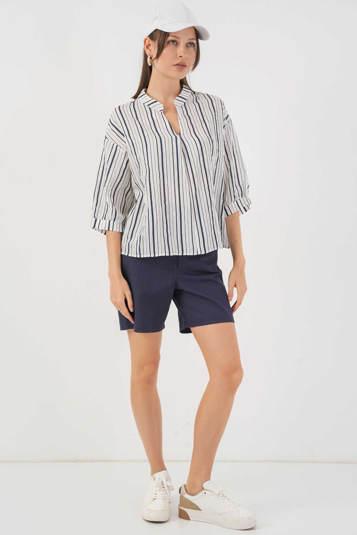 Kadın Çizgili Oversize Bluz 967 - F.Lacivert - 2