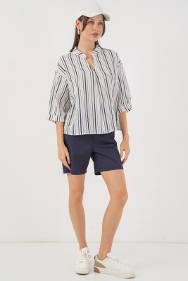 Kadın Çizgili Oversize Bluz 967 - F.Lacivert - 2