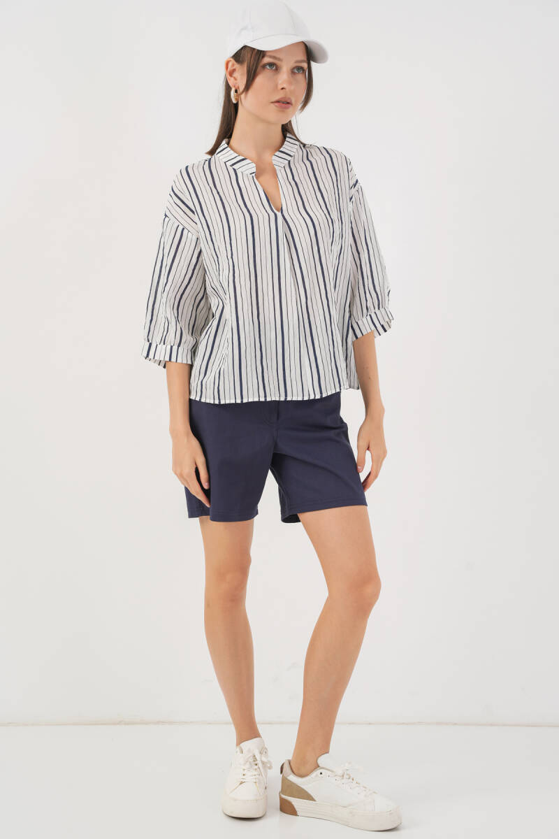 Kadın Çizgili Oversize Bluz 967 - F.Lacivert (1)