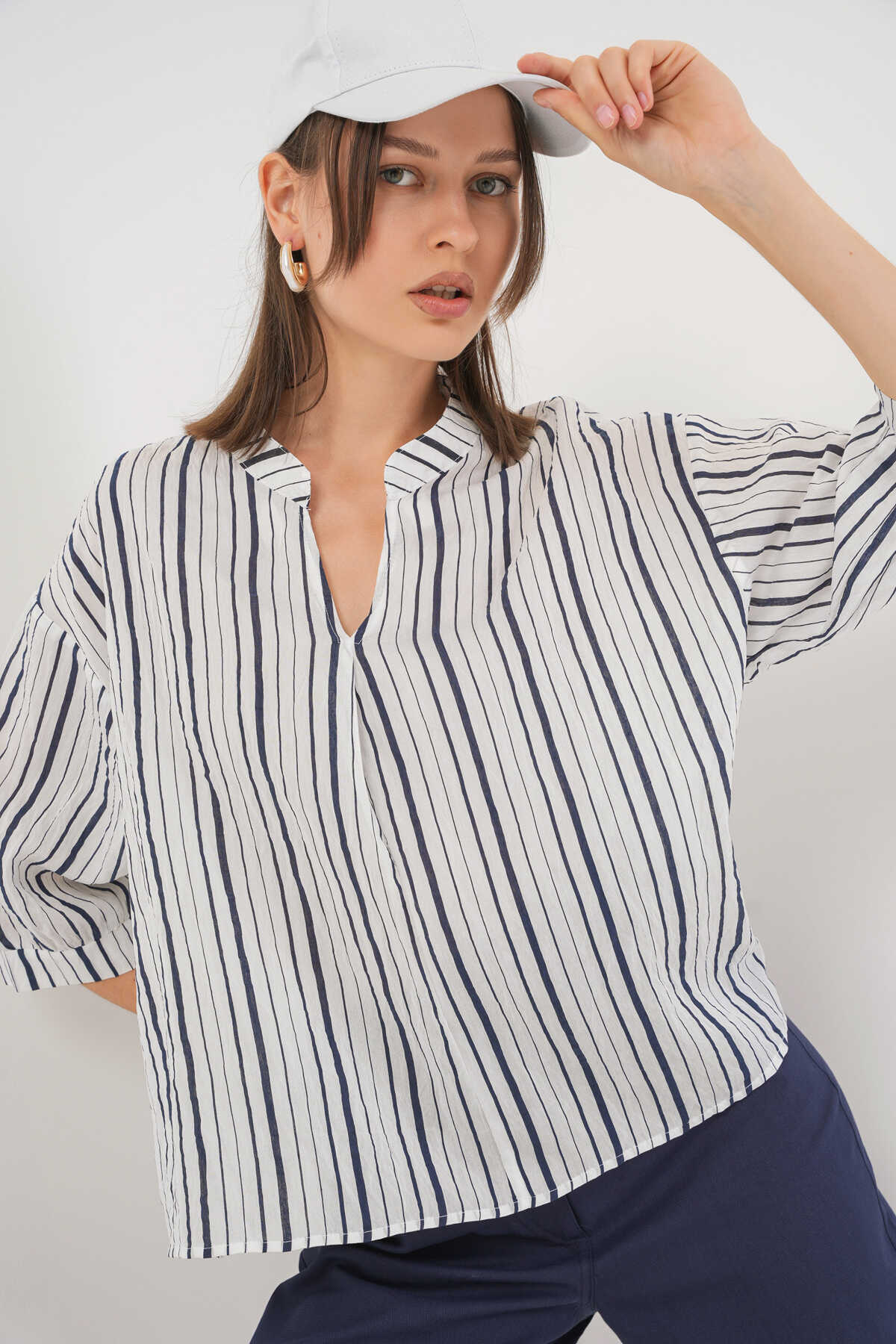 Kadın Çizgili Oversize Bluz 967 - F.Lacivert - 3