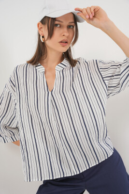 Kadın Çizgili Oversize Bluz 967 - F.Lacivert - 3