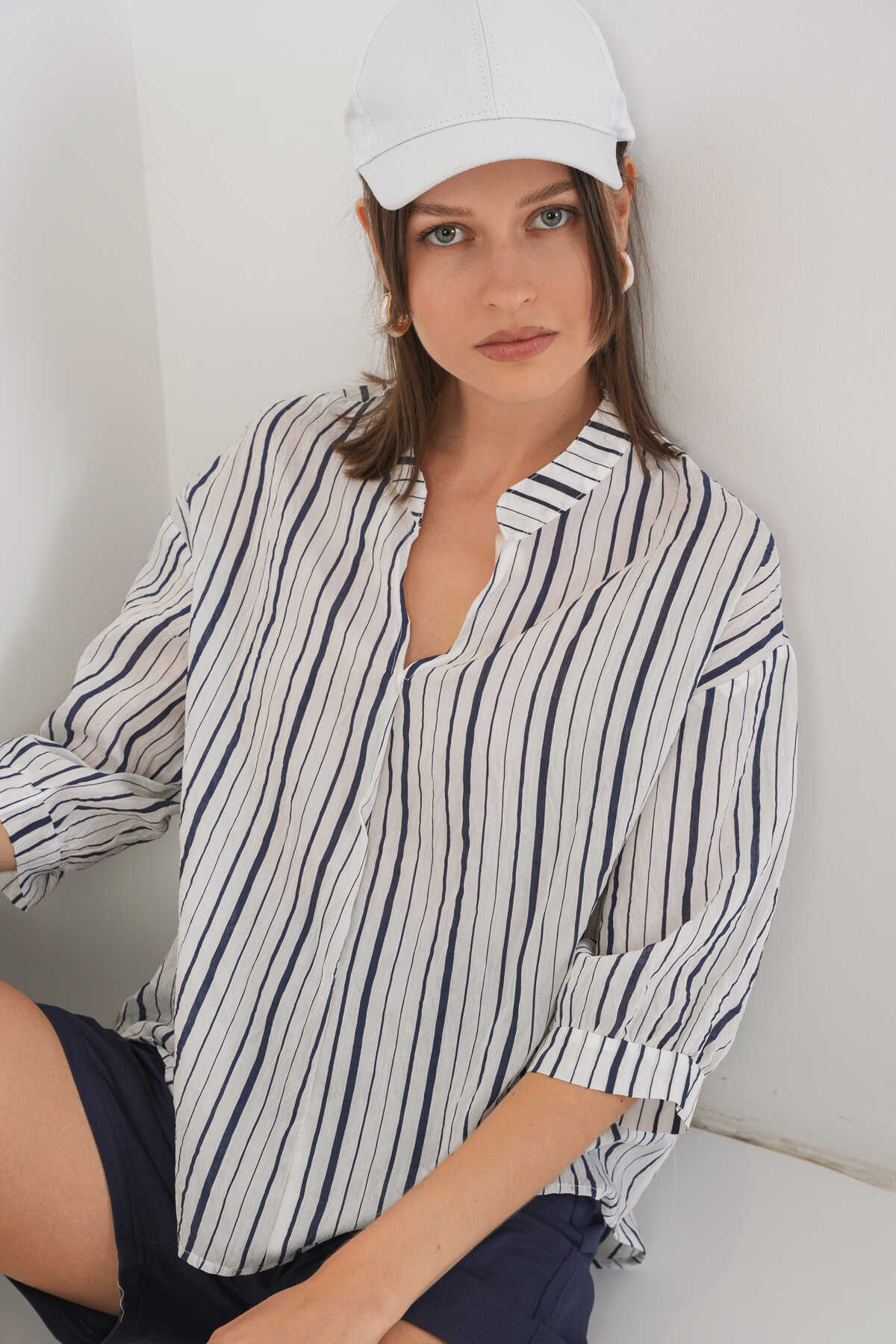 Kadın Çizgili Oversize Bluz 967 - F.Lacivert - 4