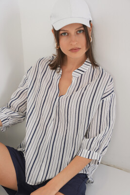 Kadın Çizgili Oversize Bluz 967 - F.Lacivert - 4