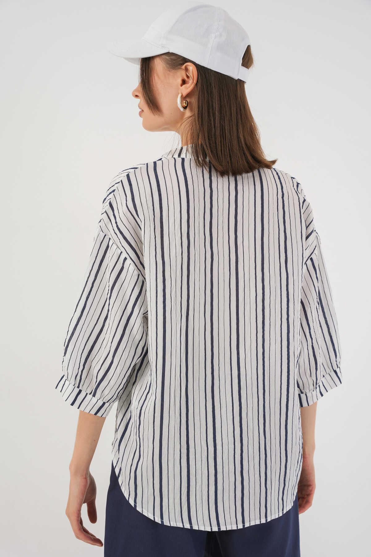 Kadın Çizgili Oversize Bluz 967 - F.Lacivert - 6