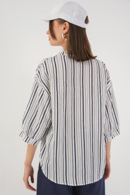 Kadın Çizgili Oversize Bluz 967 - F.Lacivert - 6