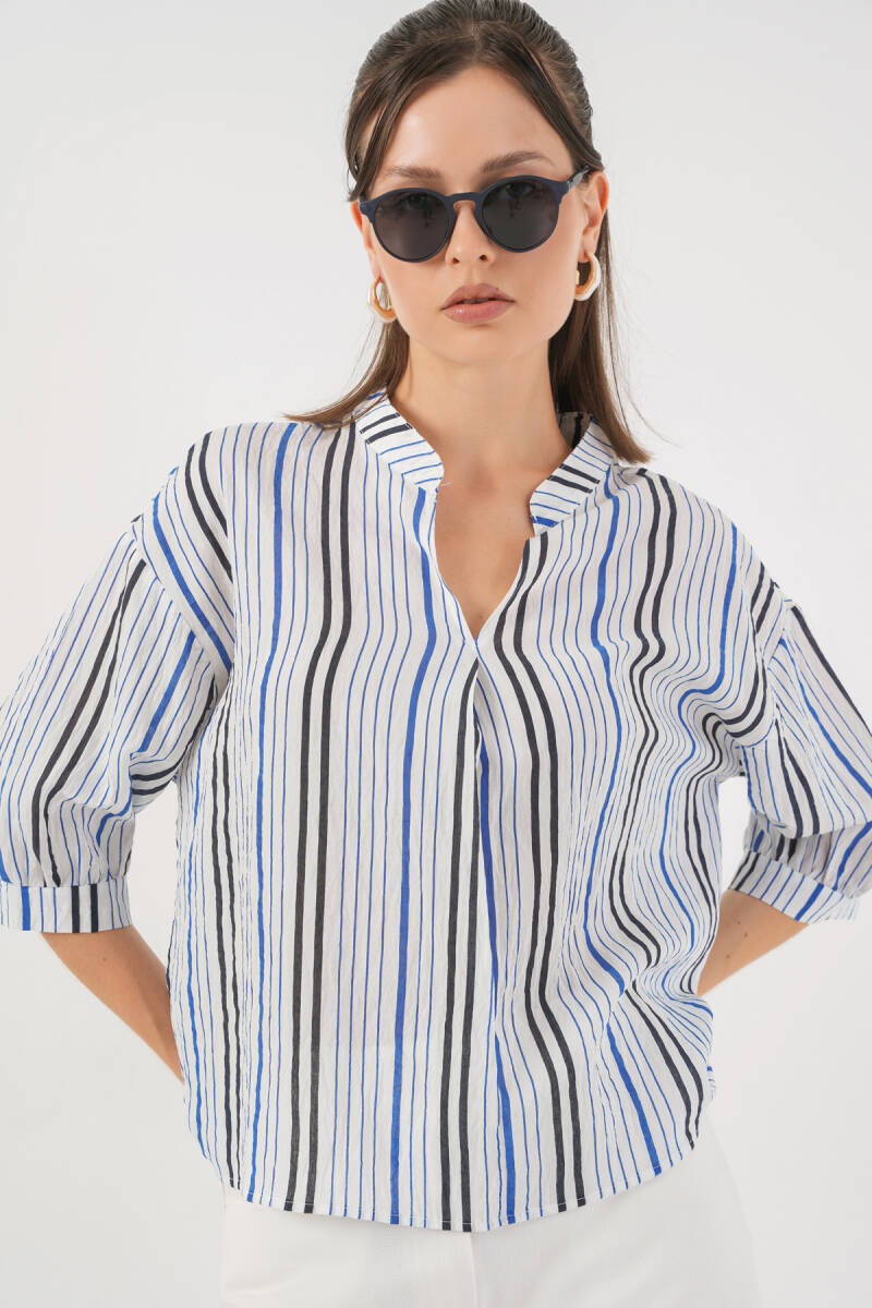 Kadın Çizgili Oversize Bluz 967 - Lacivert - BİGDART