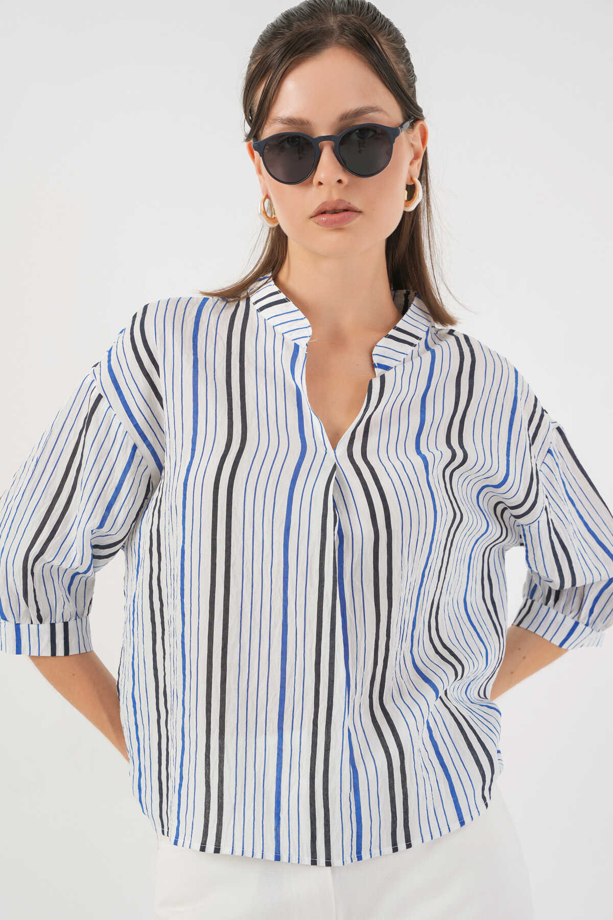 Kadın Çizgili Oversize Bluz 967 - Lacivert - 1