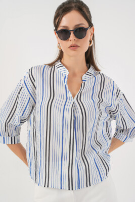 Kadın Çizgili Oversize Bluz 967 - Lacivert