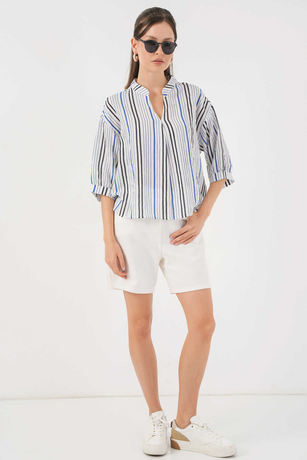 Kadın Çizgili Oversize Bluz 967 - Lacivert - 2