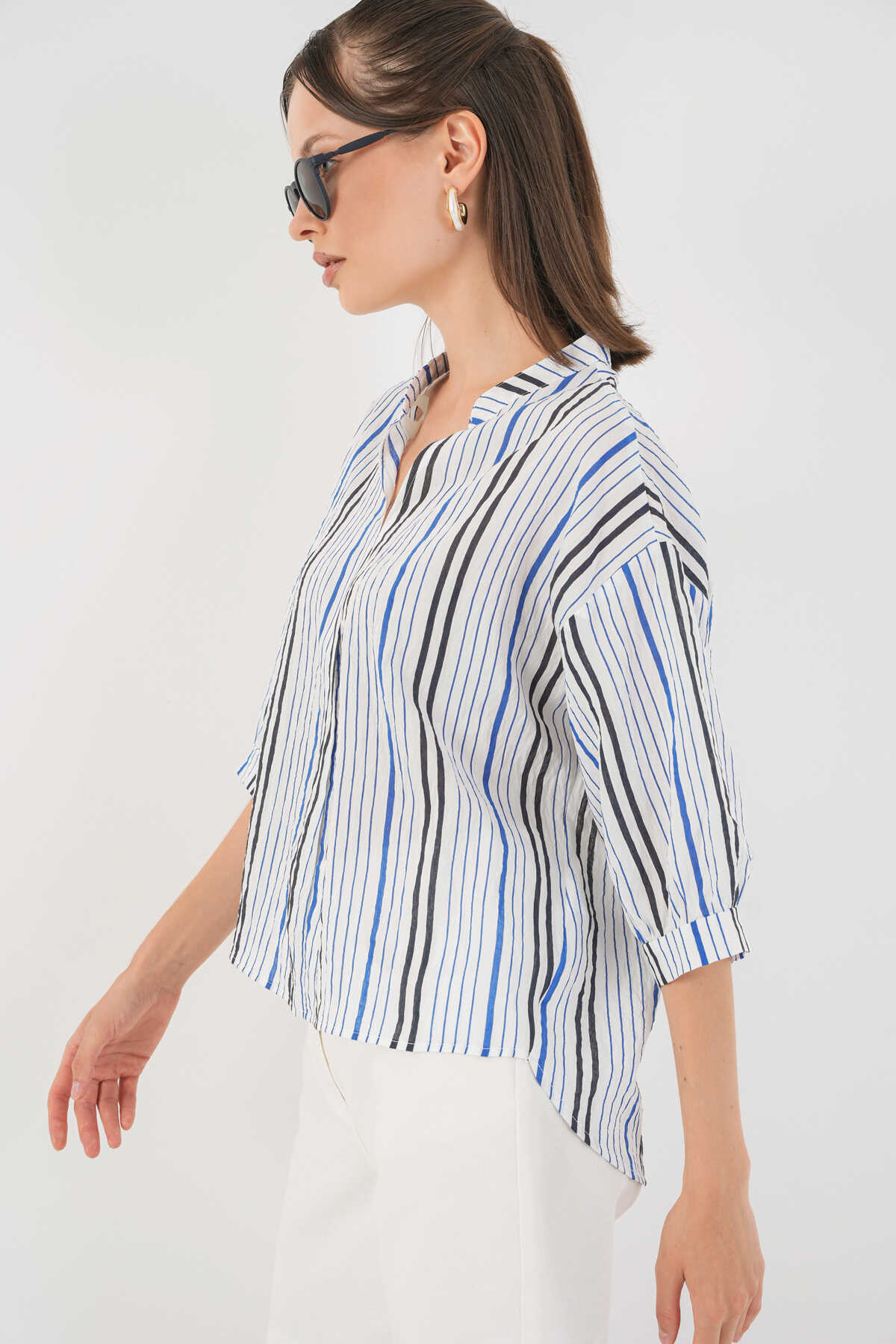 Kadın Çizgili Oversize Bluz 967 - Lacivert - 3