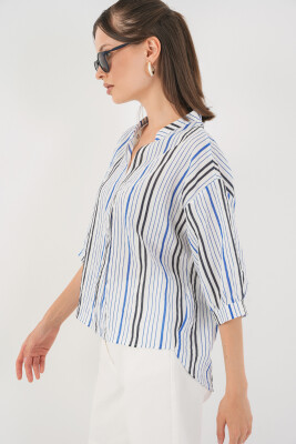Kadın Çizgili Oversize Bluz 967 - Lacivert - 3