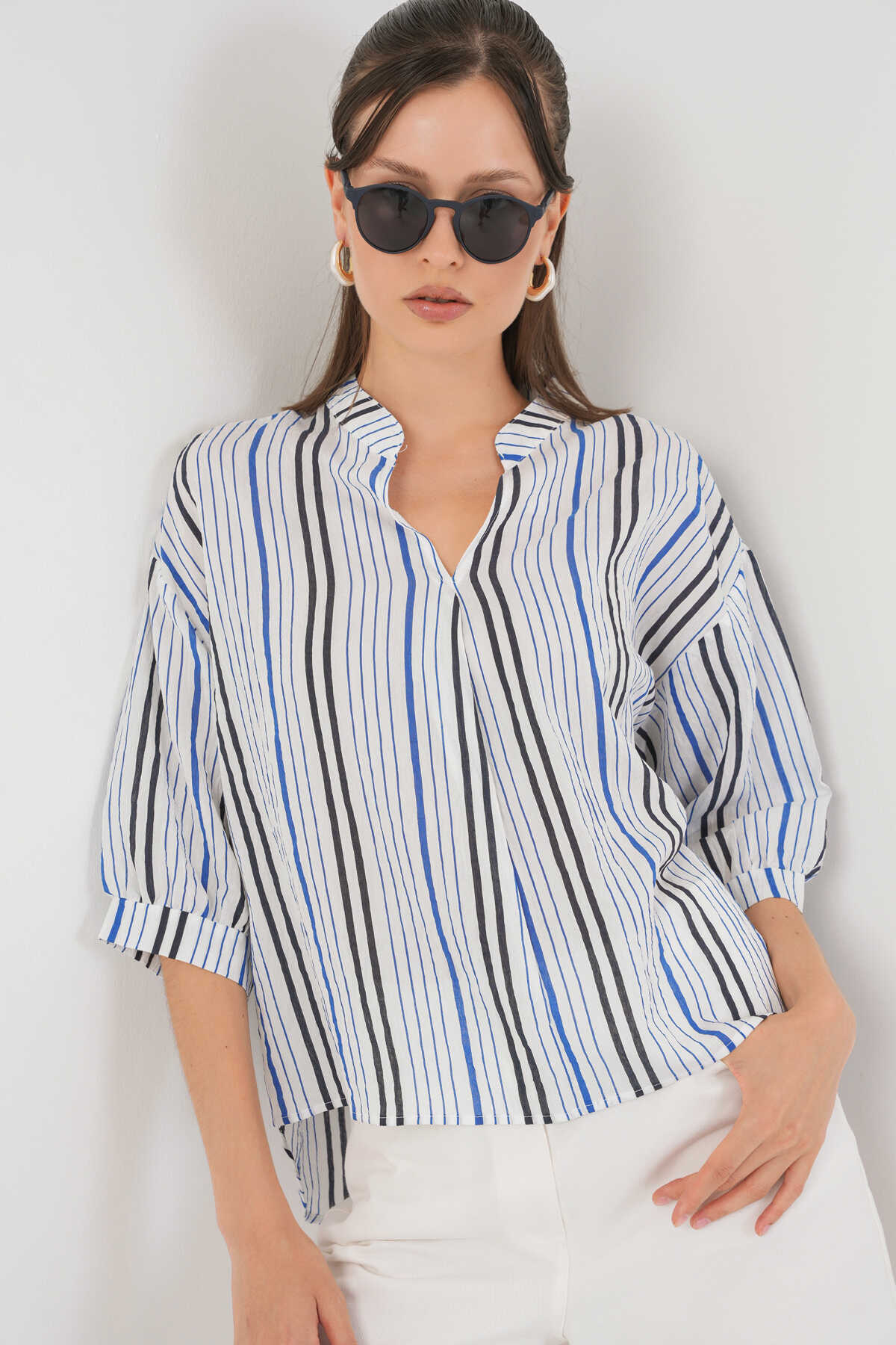 Kadın Çizgili Oversize Bluz 967 - Lacivert - 4