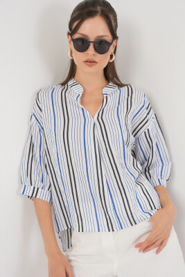 Kadın Çizgili Oversize Bluz 967 - Lacivert - 4