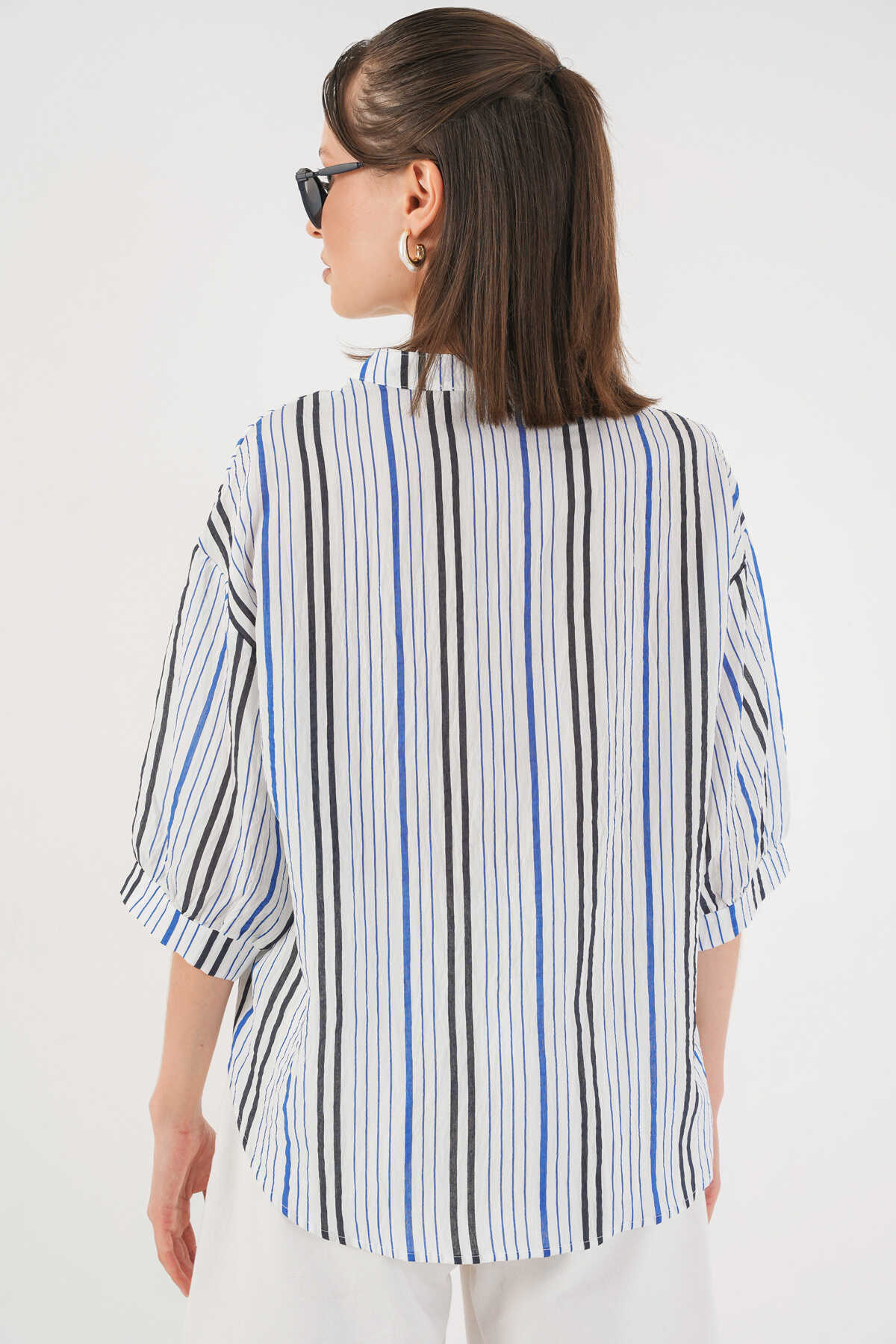 Kadın Çizgili Oversize Bluz 967 - Lacivert - 6