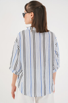 Kadın Çizgili Oversize Bluz 967 - Lacivert - 6