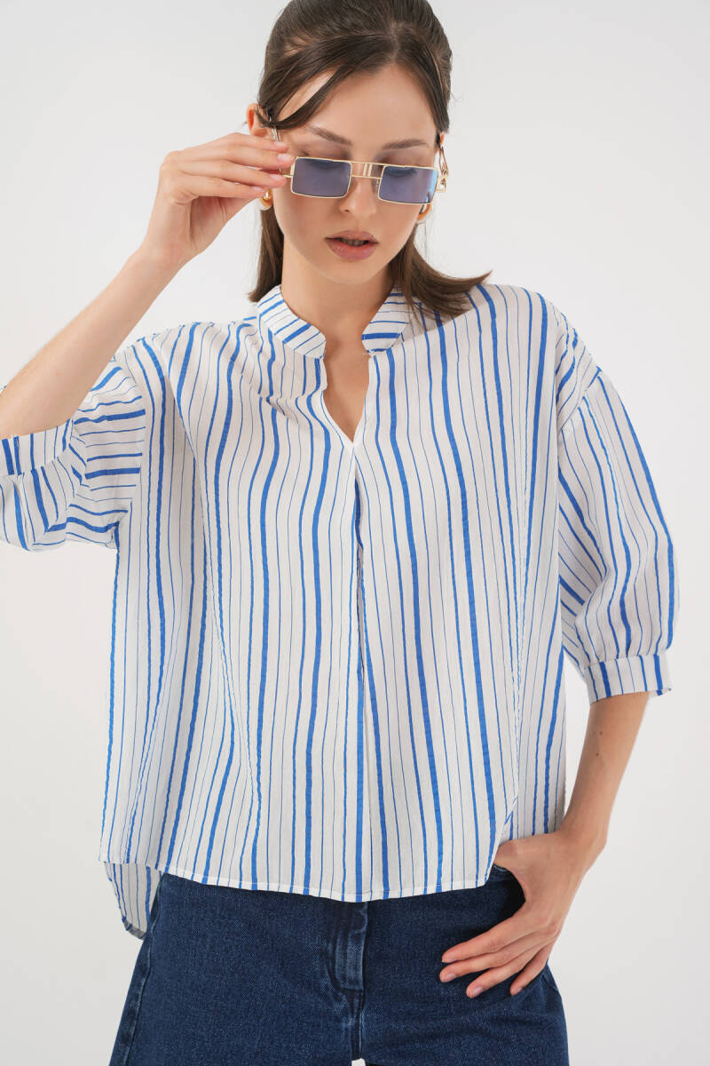 Kadın Çizgili Oversize Bluz 967 - Mavi - BİGDART