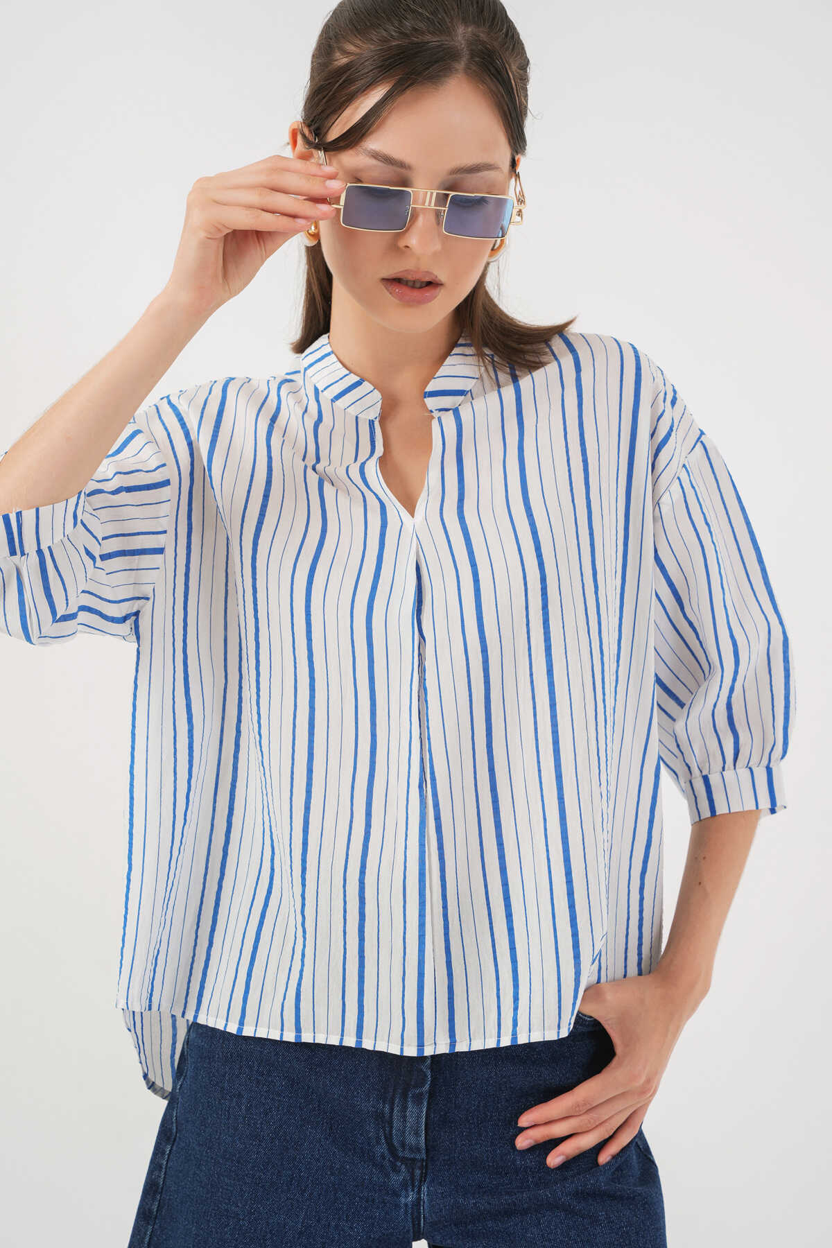 Kadın Çizgili Oversize Bluz 967 - Mavi - 1