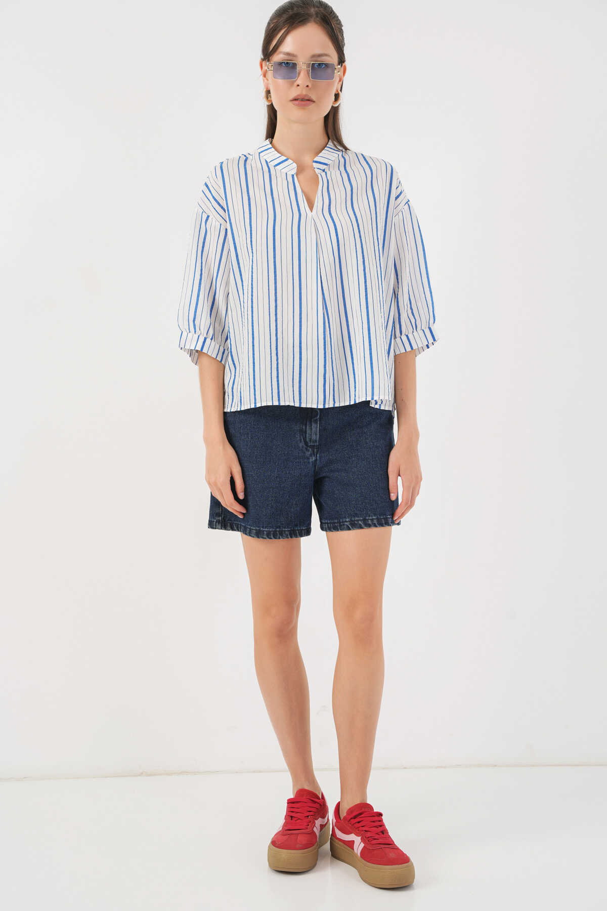 Kadın Çizgili Oversize Bluz 967 - Mavi - 2