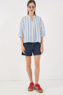 Kadın Çizgili Oversize Bluz 967 - Mavi - 2