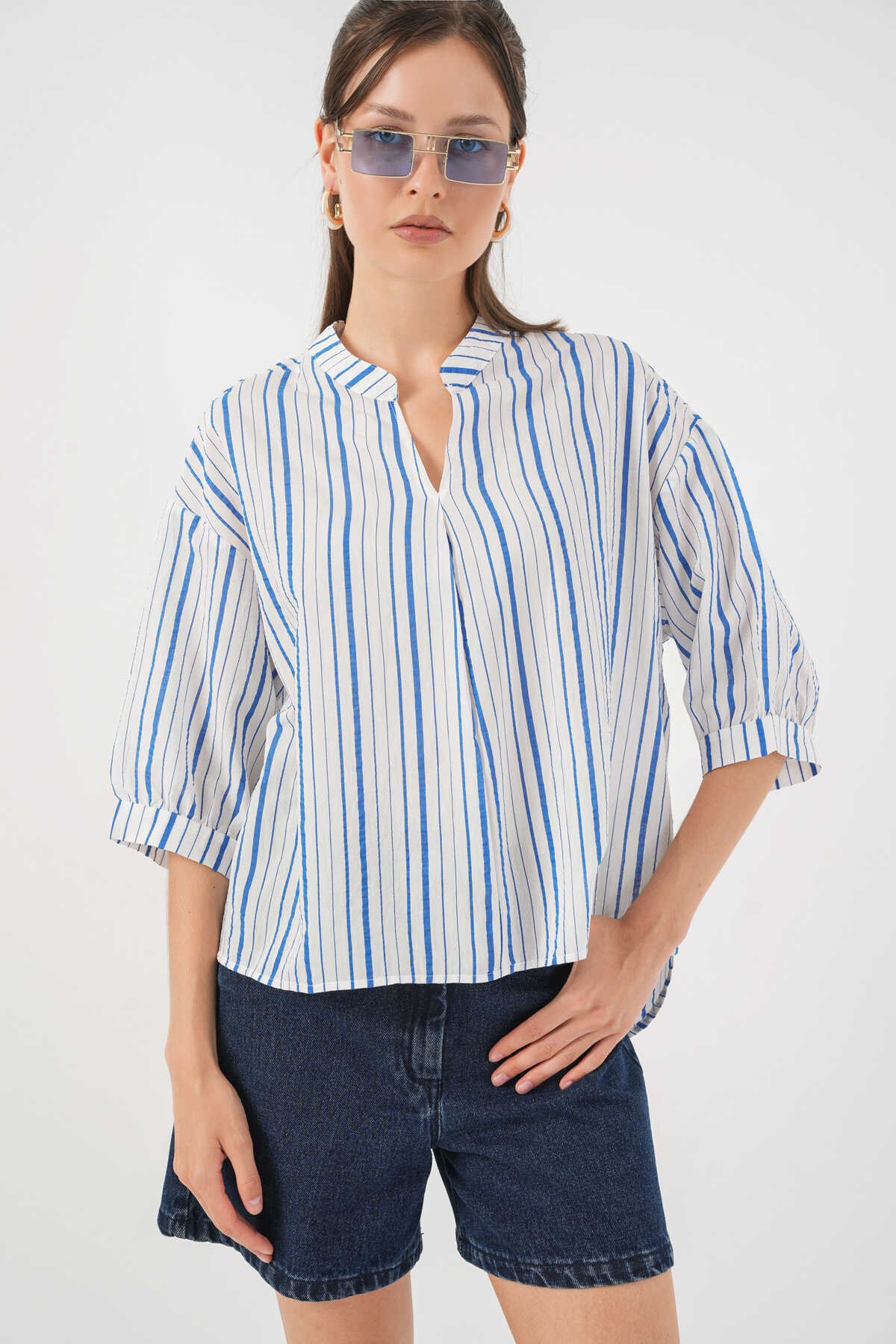 Kadın Çizgili Oversize Bluz 967 - Mavi - 3