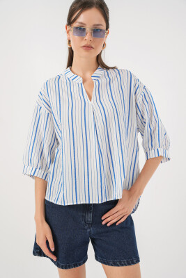 Kadın Çizgili Oversize Bluz 967 - Mavi - 3