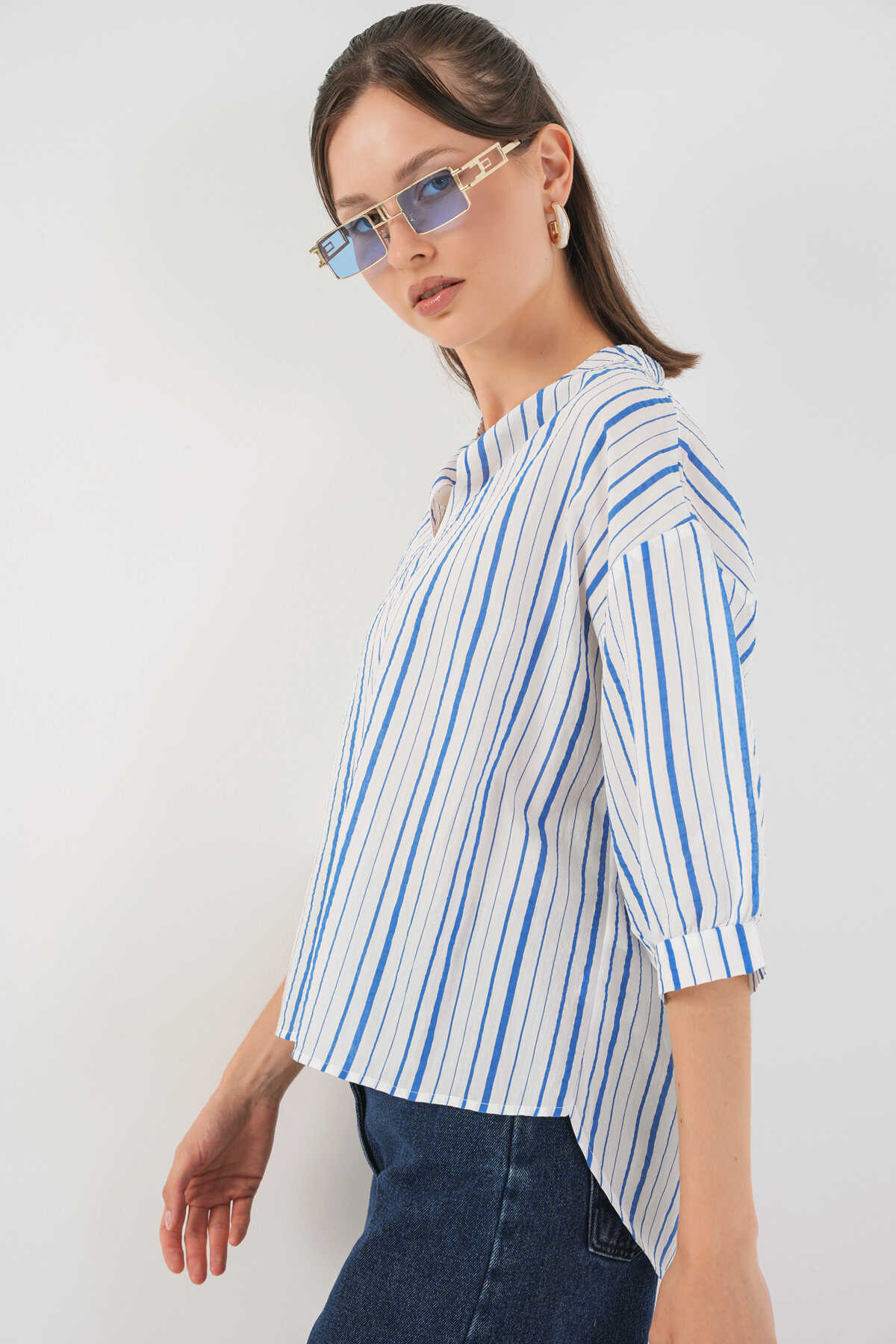 Kadın Çizgili Oversize Bluz 967 - Mavi - 4
