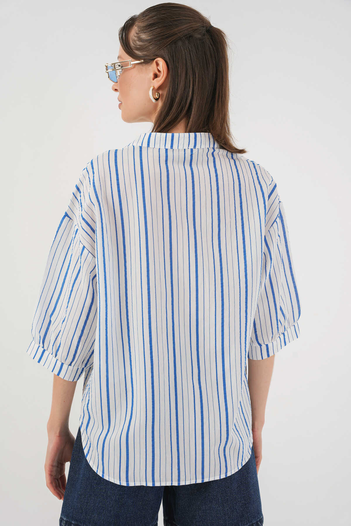 Kadın Çizgili Oversize Bluz 967 - Mavi - 6