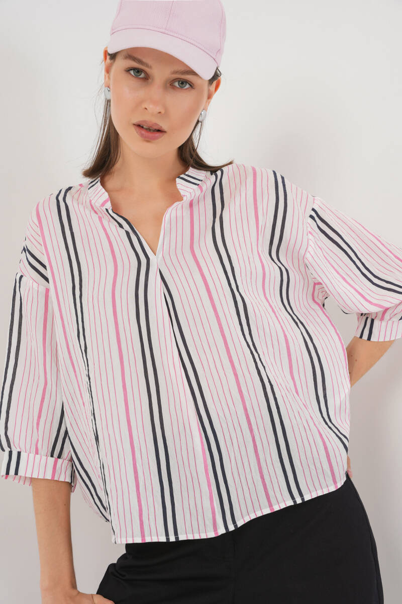 Kadın Çizgili Oversize Bluz 967 - Pembe - BİGDART
