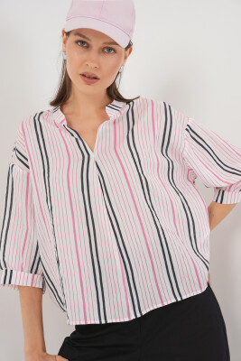 Kadın Çizgili Oversize Bluz 967 - Pembe - BİGDART