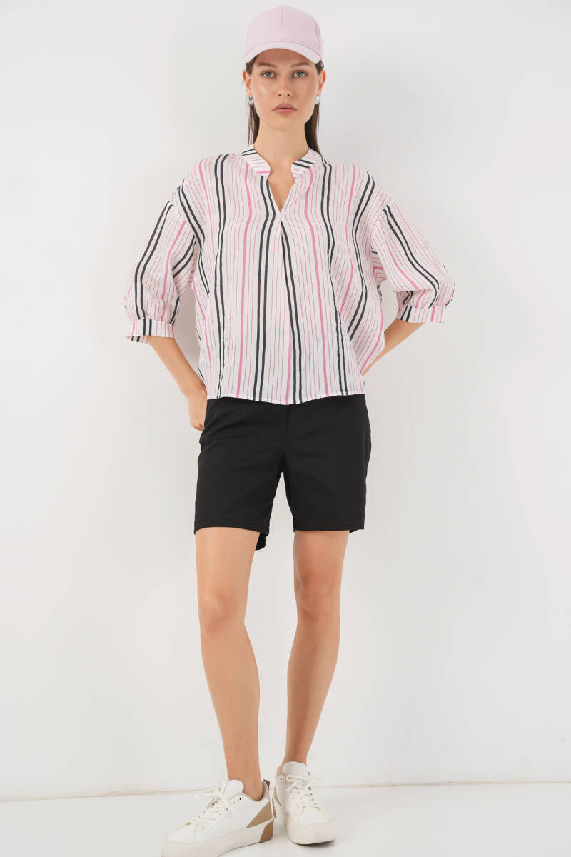Kadın Çizgili Oversize Bluz 967 - Pembe (1)