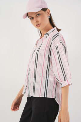 Kadın Çizgili Oversize Bluz 967 - Pembe - 3