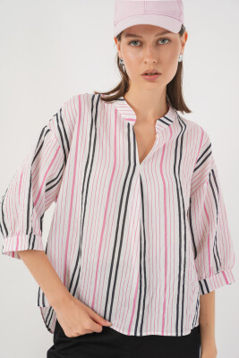 Kadın Çizgili Oversize Bluz 967 - Pembe - 4