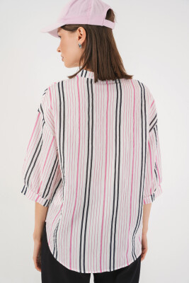 Kadın Çizgili Oversize Bluz 967 - Pembe - 6