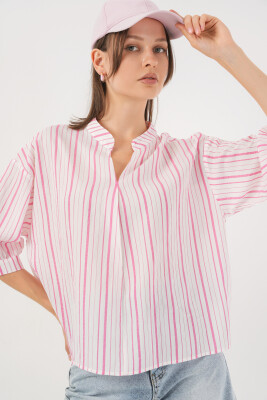 Kadın Çizgili Oversize Bluz 967 - Pudra - BİGDART