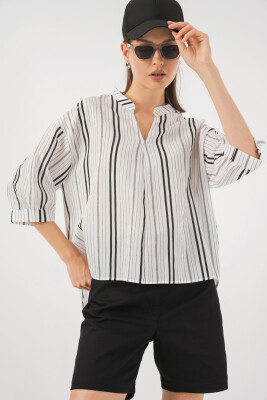 Kadın Çizgili Oversize Bluz 967 - Taş 