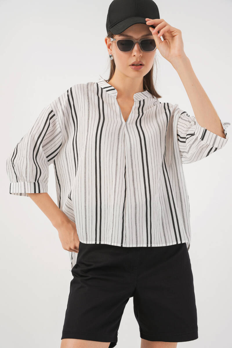 Kadın Çizgili Oversize Bluz 967 - Taş - BİGDART